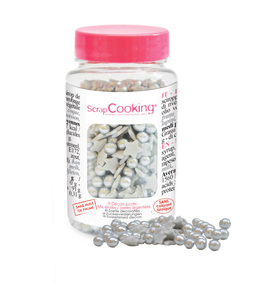 Décors sucrés étoiles/perles argentées 55g Décors sucrés étoiles/perles argentées 55g